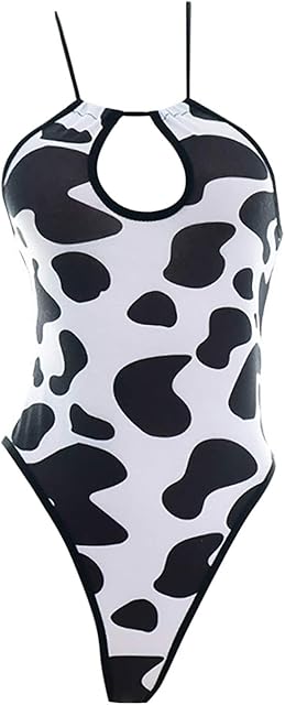 Women Sexy Cow Print One Piece Swimsuit Bikini Set Halter Neck Beach Bathing Suit Swimwear Romper Nightgown