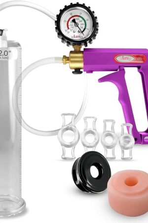 LeLuv Maxi Penis Pump - Purple Handle + Clear Hose, Protected Gauge - Bundle with Silicone Donut, Soft Black Seal & 4 Constriction Rings - 9" Length x 2" Diameter Cylinder