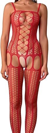 Womens Sexy Fishnet Crotchless Bodystocking Night Dress See Through Hollow Out One Piece Babydoll Basic Underwear