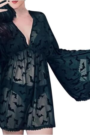 Womens Halloween Lingerie Bat Print Babydolls Chemises Set Sexy Nightgown Exotic Sleepwear Long Sleeve Kimono Robe Top