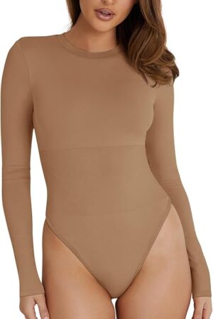 Women's Basic Crewneck Long Sleeve Tummy Control Thong Bodysuit Tops