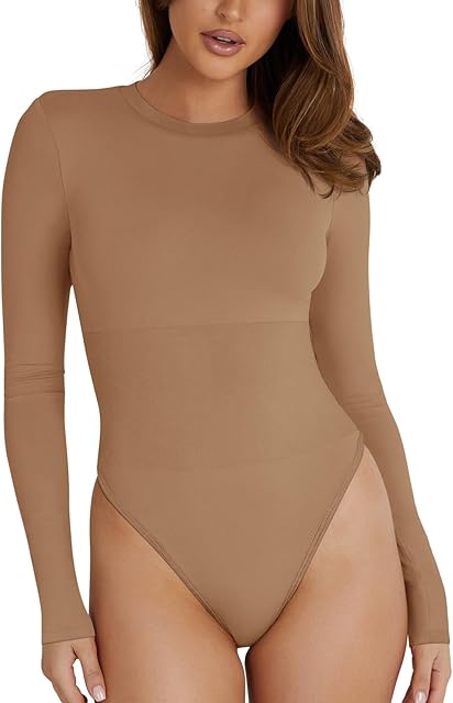 Women's Basic Crewneck Long Sleeve Tummy Control Thong Bodysuit Tops
