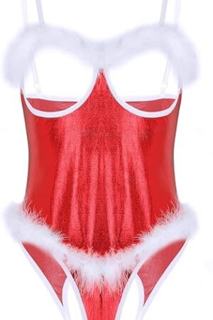 Women's Shiny Metallic Christmas Costume Lingerie Mrs Santa Claus Spaghetti Straps Sexy Teddy Bodysuit