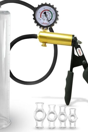 LeLuv Ultima Penis Pump Kit, Brass w/Premium Black Silicone Grips and Hose + Protected Gauge - Bundle with 4 Constriction Rings - 12" x 2.75" Round-Flange Cylinder