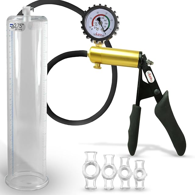 LeLuv Ultima Penis Pump Kit, Brass w/Premium Black Silicone Grips and Hose + Protected Gauge - Bundle with 4 Constriction Rings - 12" x 2.75" Round-Flange Cylinder