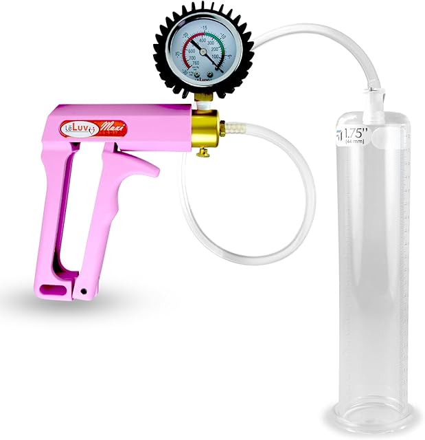 LeLuv Penis Pump Maxi Pink Nylon Handle + Protected Gauge and Clear Hose - 9 inch Length x 1.75 inch Diameter Cylinder