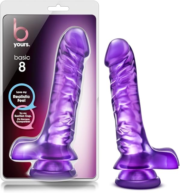 Blush Adult Sex Toy - B Yours Basic8 - Realistic G Spot Dildo - 9 Inch Long - Lifelike Ribbed Clear Penis with Suction Cup - Smooth Firm Strap-on Dildo for Women & Men Anal Vaginal Pleasure - Purple