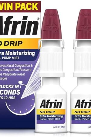 Afrin No Drip Extra Moisturizing Nasal Mist Twin Pack, Non-Drowsy, Fast-Acting Decongestant for Sinus Pressure and Dry Nasal Passages, Adults and Children 6 and Older, 5 fl oz (Pack of 2)
