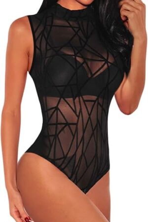 Women's Sheer Mesh Turtleneck Neck See Through Leotard Bodysuit Body Tops