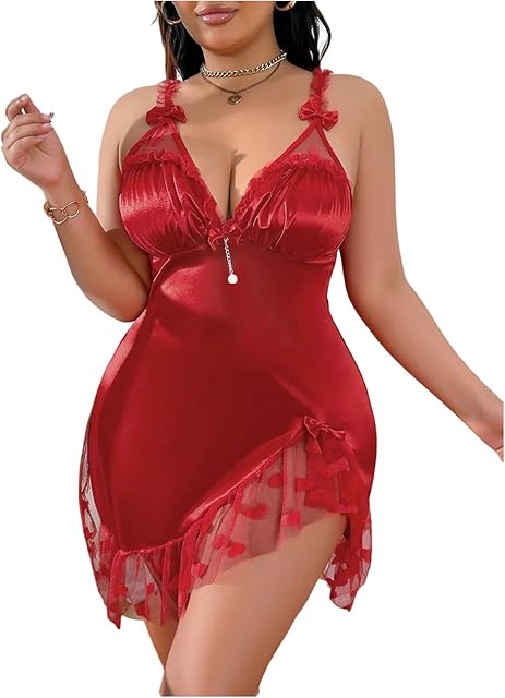 Women's Plus Size Heart Print Satin Nightgown Mesh Bow Deep V Neck Lingerie Nightdress