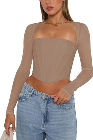 Women's Sexy Mesh Long Sleeve Boned Corset Top Trendy Y2K Square Neck Going Out Bustier Crop Tops