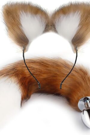Fox Tail Anal Butt Plug, 2Pcs/Set Artificial Fox Tail Anales Plug with Cat Ears Headband, Fox Adult Metal Butt Plug Sex Toy for SM & Cosplay (Brown, White)