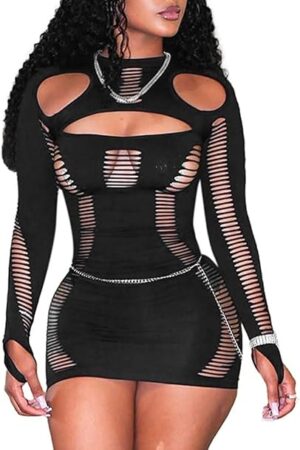 Women's Hollow Out Cover Up See Through Sheer Fishnet Long Sleeve Seamless Bodycon Cutout Mini Dress