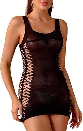 Womens Sexy Fishnet Bodysuit Lingerie Bodycon Dress Scoop Neck Hollow out Mesh Babydoll Mini Dress One Size