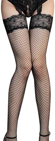 Fishnet Thigh-High Stockings Sexy Lace Top Suspender Pantyhose High Waist Mesh Tights for Women