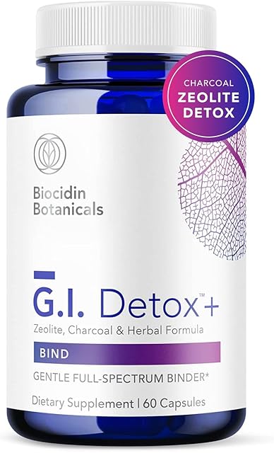 Biocidin GI Detox+ Activated Charcoal Binder & Zeolite Detox Supplements with Silica - Helps Bind & Clear Toxins - Supports Full Body Cleansing and May Reduce Bloating (60 Capsules)
