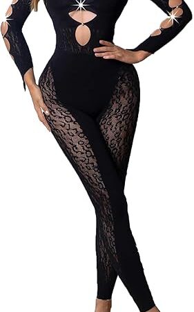Women's Long Sleeve Bodysuit Square Neck Full Body Yoga See Through Leopard Rhinestone Sexy One Piece Jumpsuit