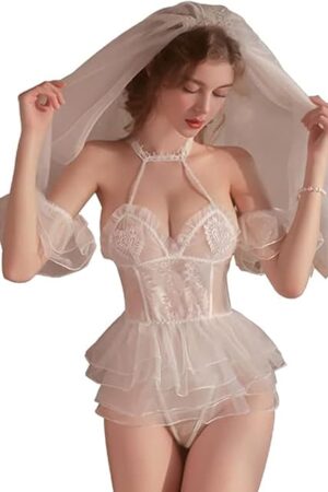 Bridal Lingerie Bride Cosplay Sexy Anime Perspective Lingerie Elegant Lace Skirt and Veil