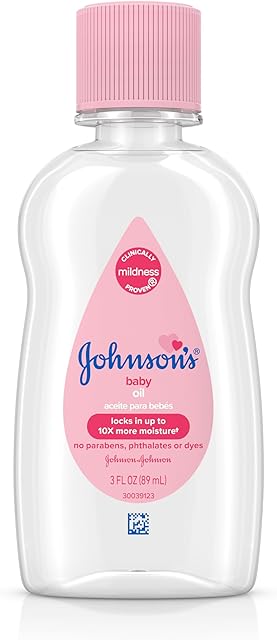 Johnson's Baby Oil, Pure Mineral Oil to Prevent Moisture Loss for Newborn, Kids, and Adults, Gentle and Soothing Baby Massage Oil, Dry Skin Relief, Hypoallergenic, Original Scent, 3 fl. oz