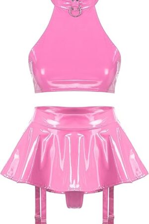 Womens Wet Look Leather Nightclub Outfits Two-Piece Shiny Latex Halter Backless Sexy Lingerie Set