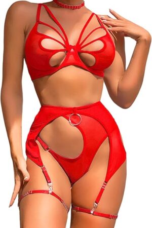 Butterfly Cutout Lingerie, Choker, Underwire, Thong, Thigh Straps, 5Pcs