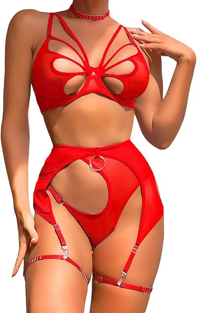 Butterfly Cutout Lingerie, Choker, Underwire, Thong, Thigh Straps, 5Pcs