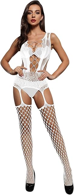 Women's Lingerie Fishnet Bodystocking Glitter Crystal Tight High Sexy Mesh Full Body Stockings Babydoll Teddy Off The Shoulder Long Sleeve Bodysuits