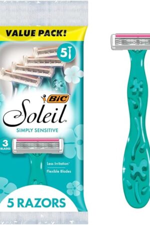 BIC Soleil Simply Sensitive Women's Disposable with 3 Blade Razors, Smooth Shave with Moisture Strip, 5-Pack