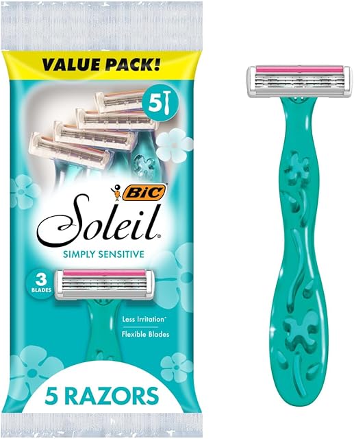 BIC Soleil Simply Sensitive Women's Disposable with 3 Blade Razors, Smooth Shave with Moisture Strip, 5-Pack