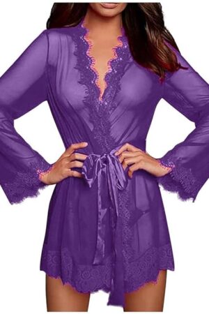 Women Lace Kimono Robe Sexy Mesh Lingerie Set See Through Chemise Nightgown Cover Up Slutty Naughty Boudoir Outfit