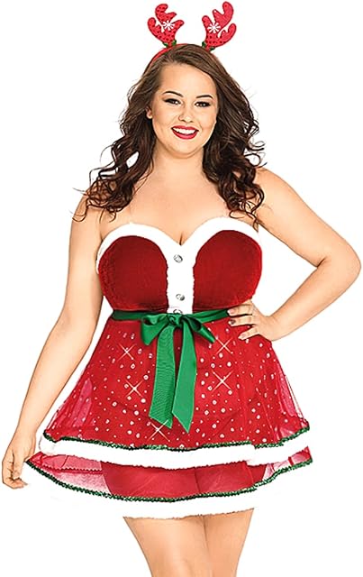 Christmas Day Santa Mrs Claus Dress Costumes Sets Velvet Sexy Mesh Plus Size For Women Lingerie Exotic Red One Size