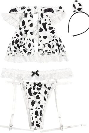 Women's Plus 6 Piece Cow Print Lingerie Set Lace Cut Out Bra and Panty Sets