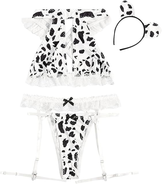 Women's Plus 6 Piece Cow Print Lingerie Set Lace Cut Out Bra and Panty Sets