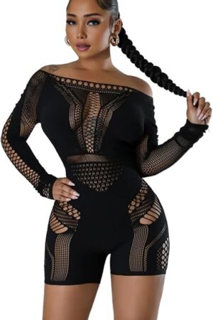 Women's Sexy Long Sleeve See Through Hollow Out Sheer Ultra Stretchy Mesh Bodysuit
