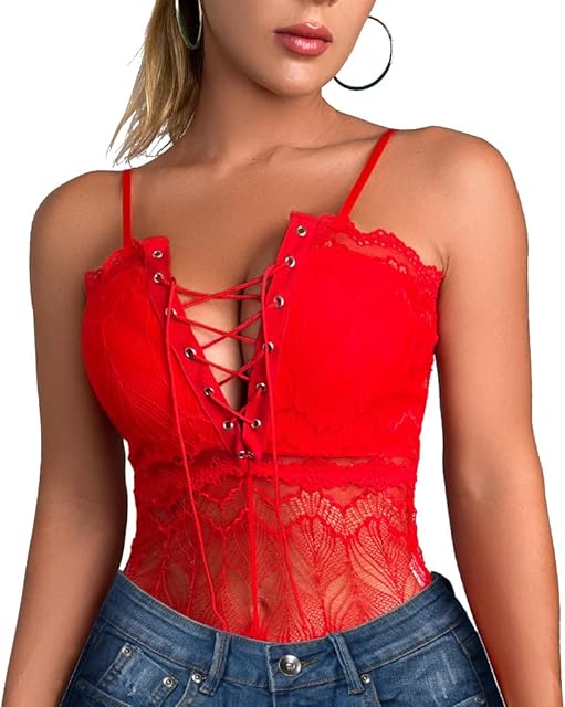 Lace Bodysuit Mesh Sheer Bodysuit V-Neck Teddy for Women Sexy Floral Lingerie