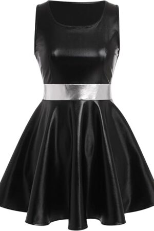 Women's Shiny Metallic Dress Sexy Sleeveless Skater Mini Dress Holographic Party Rave Dance Clubwear Halloween Costume