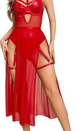 Women's One Piece Leather Teddy Bodysuit Sheer Lingerie Skirt