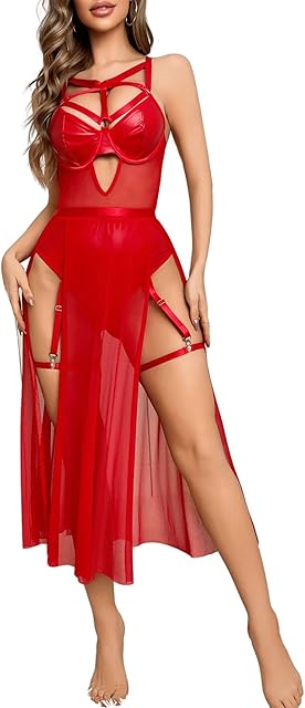 Women's One Piece Leather Teddy Bodysuit Sheer Lingerie Skirt