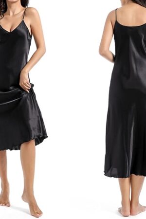 Women Long Satin Nightgown V Neck Spaghetti Strap Chemises Lingerie Silk Dress Soft Comfy Maxi Nightwear