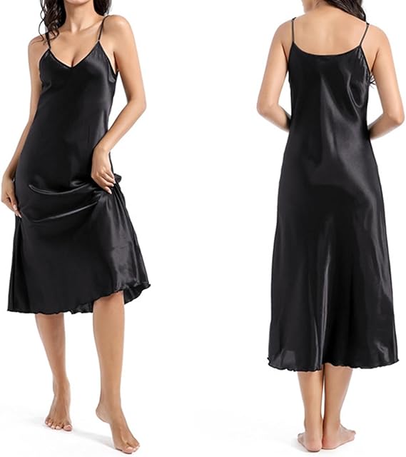 Women Long Satin Nightgown V Neck Spaghetti Strap Chemises Lingerie Silk Dress Soft Comfy Maxi Nightwear
