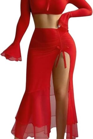 Women's Sheer Mesh Lingerie Skirt Sets Sexy Off Shoulder Long Sleeve Crop Top and Long Split Maxi Skirts Set
