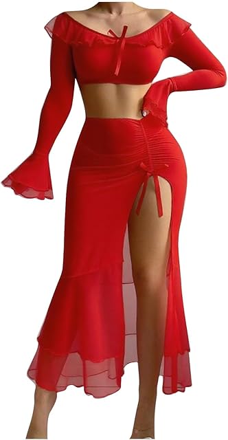 Women's Sheer Mesh Lingerie Skirt Sets Sexy Off Shoulder Long Sleeve Crop Top and Long Split Maxi Skirts Set