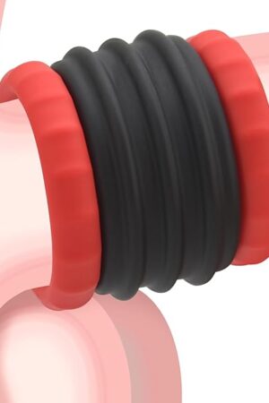 Double Penis Ring for Men - Red + Black Silicone Cock Ring for Harder Longer Stronger Erections - Erection Enhancing Sex Toy