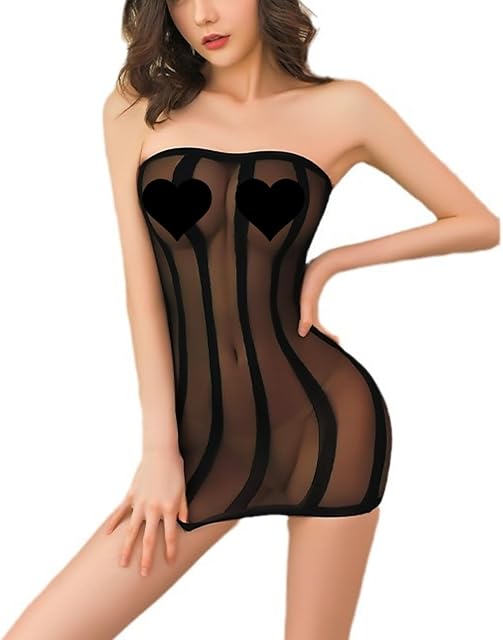 Women Sexy Mesh Lingerie, Fishnet See Through Sleeveless Mini Striped Tights Teddy Bodycon Bodysuit for Sleep, Rave Black