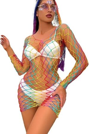 Women Sexy Teddy Rainbow Fishnet Chemise Hot Mesh Mini Dress Lingerie Babydoll Bodysuit See Through Cover Up Dress