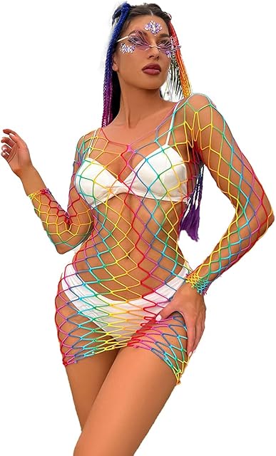 Women Sexy Teddy Rainbow Fishnet Chemise Hot Mesh Mini Dress Lingerie Babydoll Bodysuit See Through Cover Up Dress