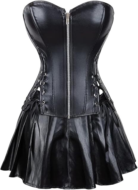 Women's Punk Rock Faux Leather Steampunk Corset gothic bustier skirt set costume