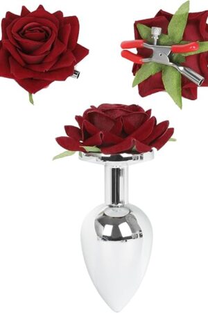 Anal Plugs with Roses Stainless Steel Butt Plugs for Prostate and G-spot Massage Adjustable Nipple Clips for Women SM Adult Sex Toys (M)