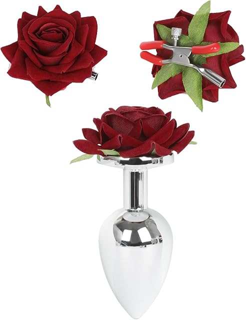 Anal Plugs with Roses Stainless Steel Butt Plugs for Prostate and G-spot Massage Adjustable Nipple Clips for Women SM Adult Sex Toys (M)