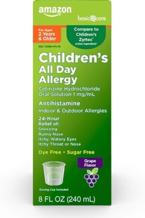 Amazon Basic Care 24 Hour Allergy Relief for Children, Cetirizine Hydrochloride Oral Solution 1 mg/mL, Grape Flavor, Dye Free, 8 fl oz (Pack of 1)